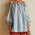 Blue and white striped off-the-shoulder mini dress with a contrasting hem