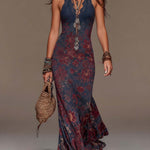Retro Lace Halterneck Floral Fishtail Maxi Dress