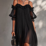 Lidia | Off-the-Shoulder Black Chiffon Mini Dress with Lace Trim