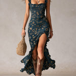 Bohemian Navy Printed Maxi Dress with Ruffled Sleeves