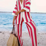 Loose V-Neck Fashion Hollow Out Striped Shirt Wide Leg Pants Set