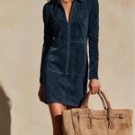 Navy half-zip straight-cut suede mini dress