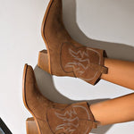 Retro embroidered block heel round toe mid-calf knight boots