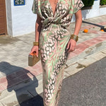 Stylish Knot-Front Printed Sexy V-Neck High-Waist Dress