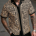 KZZ Men's Casual Short-Sleeve Shirt with Leopard Print Color-Blocking and Spread Collar