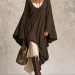Dark Brown Pleated Faux-Linen Loose-Fit Midi Kaftan Dress