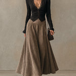 Black lace-trimmed top and faux-suede flared maxi skirt set