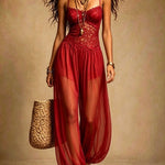 Black Lace and Chiffon Spaghetti-Strap Harem Jumpsuit