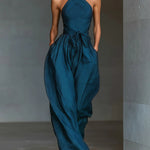 Navy Cross Halter Wide-Leg Jumpsuit With Side Pockets