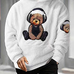 KZZ Men's Cartoon Bear Embroidery Pocket Fuzzy Hoodie