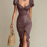 Retro Heart-Neck Midi Dress with Ruffled Hem