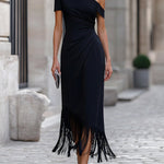 Elegant One-Shoulder Fringe Hem Midi Dress