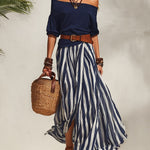 Women's off-shoulder puff-sleeve top and striped skirt set(Includes belt)