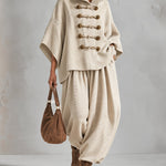 Oversized layered-collar toggle-fastening top and wide-leg trousers set