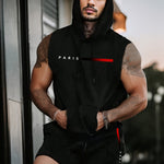 KZZ Two-Piece Set Men's Letter Print Hooded Vest & Drawstring Waist Shorts Set