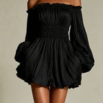 White off-shoulder ruched smocked-waist mini dress