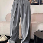 KZZ Men's Solid-Color Pleated Loose-Fit Wide-Leg Dress Trousers