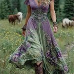 Deep V-neck short-sleeve dress with a creative patterned motif