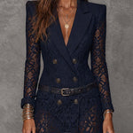 Navy lace double-breasted collared blazer mini dress (with belt)