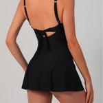 Sexy V-neck, back-tie, figure-hugging one-piece swimsuit with an asymmetrical hem