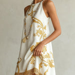 White Gold Printed Lace Trim Mini Dress