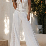 Vintage stand-collar wide-leg jumpsuit with lace paneling