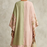 Green and Pink Color-Block Floral-Trim Midi Dress
