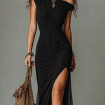 Boho Black Front Slit One-shoulder Maxi Dress With Side-split Hem
