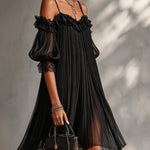 Lidia | Off-the-Shoulder Black Chiffon Mini Dress with Lace Trim