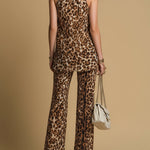 Elegant Leopard Print Sleeveless Chiffon Top And Flared Pants Set