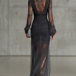 Black Lace Ruched Sheer Long Sleeve Slit Maxi Dress