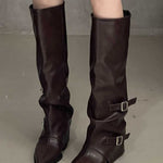 High-top belt buckle pointed toe thick-heeled boots