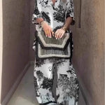 Casual V-neck printed short-sleeved top and wide-leg pants set