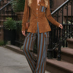 Retro Faux Suede Shirt And Vertical Striped Trousers Set