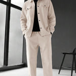 KZZ Men's Solid Color Pocket Jacket and Belt Waist Pants Sport Suit Regular Version Mature Business Style