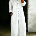 Fashionable single-breasted off-shoulder washed denim jumpsuit