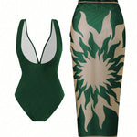 French Vintage Print Deep-V Sexy Swimsuit Set