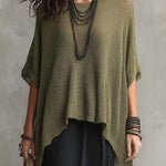 Open-knit round-neck top with an asymmetrical hem