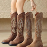 Brown embroidered back zipper long boots