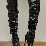 PU Leather Over-the-knee High-heeled Pleated Boots