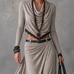 Grey stretch mock-neck cropped top and slit maxi skirt set（Belt included）