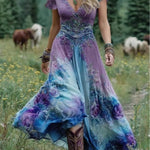 Deep V-neck short-sleeve dress with a creative patterned motif