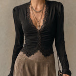 Black lace-trimmed top and faux-suede flared maxi skirt set