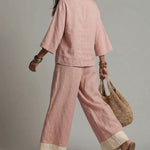 Pink V-neck Shirt And Color-blocked Wide-leg Pants Suit