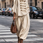 Oversized layered-collar toggle-fastening top and wide-leg trousers set
