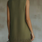 24-Hour-Shipping Olive Green Sleeveless Knit Mini Dress With Fringe Hem