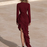 Burgundy midi evening gown with ruffles and an asymmetrical hem