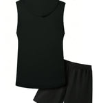 KZZ Two-Piece Set Men's Letter Print Hooded Vest & Drawstring Waist Shorts Set