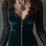 Dark green velvet mini dress with lace sleeves