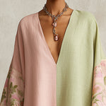 Green and Pink Color-Block Floral-Trim Midi Dress